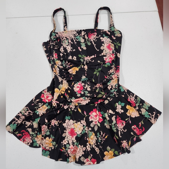 Johnny Was Floral Ruched Floral Square Neck One Piece Swimsuit